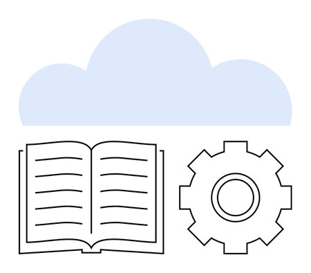 Open book, gearwheel, and cloud emphasizing knowledge, technology, innovation, and collaboration. Ideal for learning, cloud computing, data management education teamwork productivity abstractのイラスト素材