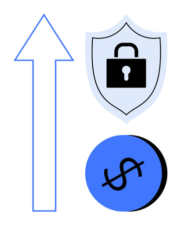Shield with a lock symbolizes security, dollar sign within a circle represents financial matters, and an upward arrow suggests growth. Ideal for finance, security, progress, investment, protectionのイラスト素材