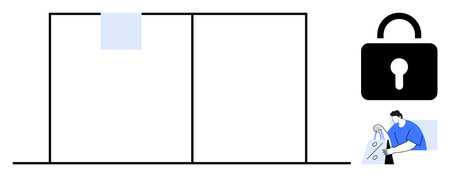 Lock symbol, person in protective gear working, and divided sections representing secure data. Ideal for security, IT solutions, privacy policies, encryption, data protection, network security safeのイラスト素材