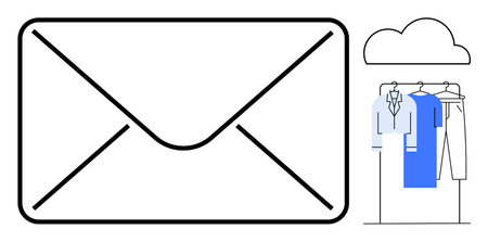Large email icon next to cloud and hanging clothes. Ideal for email management, digital storage, online shopping, fashion apps, productivity tools, organizational tips, digital communication. Lineのイラスト素材