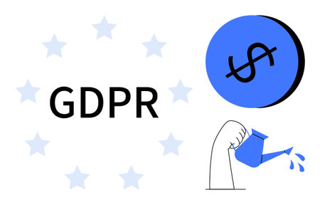 GDPR text surrounded by stars, blue circle with dollar sign, and hand watering with can. Ideal for data protection, privacy policies, financial regulation, compliance, business growth, digitalのイラスト素材