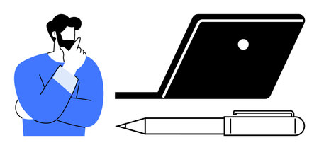 Man in blue thinking, side view of a black laptop, and a black pen. Ideal for brainstorming, ideation, remote work, education, productivity creativity digital workspace concepts. Abstract line flatのイラスト素材