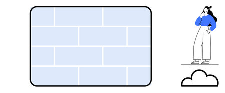 Woman standing on cloud, pondering a large brick wall. Ideal for problem-solving, reflection, creativity, obstacles, vision, abstract concepts brainstorming. Simple forms and clean lines evokeのイラスト素材