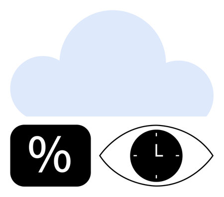 Blue cloud shape above a percentage symbol, an eye icon with a clock. Ideal for data analytics, cloud services, time tracking, storage efficiency, innovation, monitoring, abstract line flat metaphorのイラスト素材
