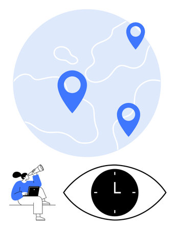 Map with location markers, eye-shaped clock, person with laptop and telescope. Ideal for logistics, time management, travel planning, remote work, global reach, analytics abstract line flat metaphorのイラスト素材