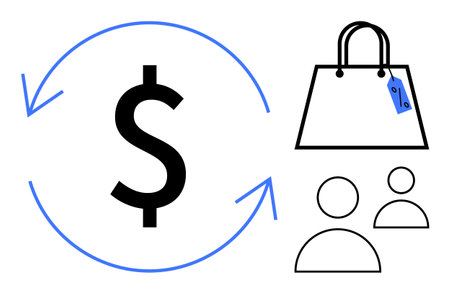 Dollar sign within two circular arrows, shopping bag with price tag, and two user icons. Ideal for e-commerce, online shopping, customer behavior, financial transactions, market analysis