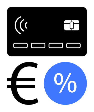 Black contactless payment card above Euro currency symbol and blue interest rate icon. Ideal for banking, finance, online purchases, affordability, currency exchange, interest rates, financialのイラスト素材