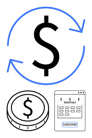 Dollar sign encircled by arrows symbolizing recurring payments, coin, and monthly subscription calendar. Ideal for finance, e-commerce, SaaS, budgeting, transactions, cash flow abstract line flatのイラスト素材