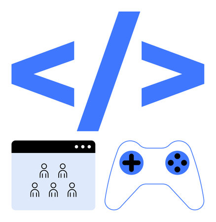 Coding brackets, browser interface with user icons, and game controller. Ideal for software development, user experience, online interaction, gaming, coding education, app design abstract line flatのイラスト素材