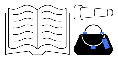 Open book with wavy lines, telescope, and purse with strap and tag. Ideal for education, exploration, discovery, personal growth, fashion literature adventure. Abstract line flat metaphorのイラスト素材