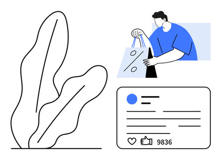 Person holding shopping bags, social media post with engagement icons, large plant leaf. Ideal for e-commerce, online shopping, social media marketing, digital engagement, customer interactionのイラスト素材
