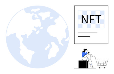 Blue and white earth globe accompanied by a large NFT sign and a person with a shopping cart on the side. Ideal for technology, digital art, commerce, blockchain, global trade, innovation, futureのイラスト素材