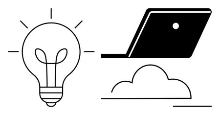 Light bulb and laptop above a cloud. Ideal for innovation, digital transformation, creativity, cloud computing, technology integration, modern solutions, and online collaboration. Abstract line flatのイラスト素材