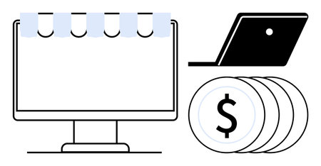 Computer screen with awning, laptop, coins. Ideal for online shopping, e-commerce, digital marketing, internet business, financial transactions technology virtual store.のイラスト素材