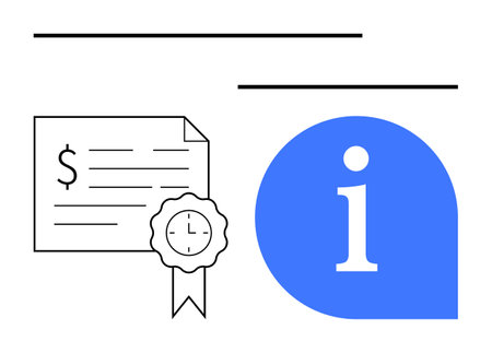 Monetary certificate with ribbon indicating approval, next to a blue information icon. Ideal for finance, education, certification, approval, value, documentation information services. Flat abstractのイラスト素材