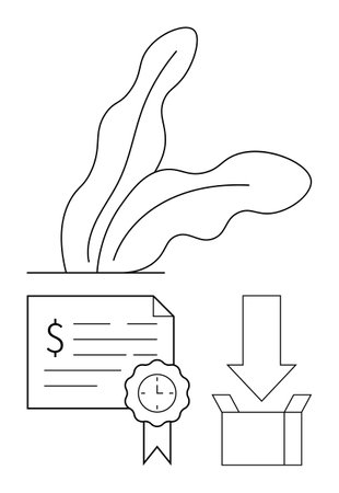Certificate with ribbon, abstract plant, downward arrow pointing at open box. Ideal for achievement, completion, delivery, certification, success minimalism business. Black and white line artのイラスト素材