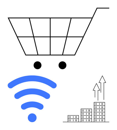 Shopping cart, wireless symbol, and bar chart with arrows upward signify online shopping, connectivity, and business growth. Ideal for e-commerce, sales, business, digital marketing technologyのイラスト素材