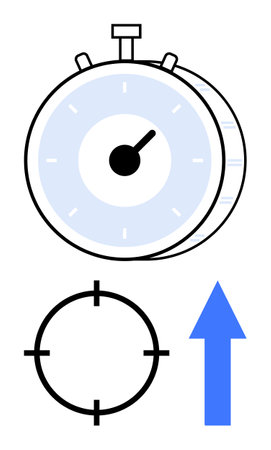 Stopwatch representing time efficiency alongside a crosshair symbolizing accuracy and an upward arrow indicating growth. Ideal for project management, productivity, goal setting, strategic planningのイラスト素材