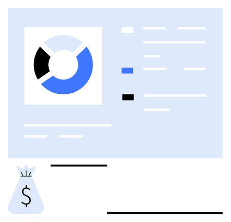 Pie chart with segments, text details for data analysis, and a money bag icon. Ideal for finance, business, analytics, budgeting, investment, statistics abstract line flat metaphorのイラスト素材