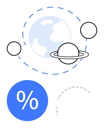 Planets orbiting around Earth with dashed lines, circles, and a percentage sign. Ideal for finance, investment, savings, interest rates, economics space futuristic concepts. Abstract line flatのイラスト素材