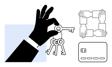 Hand holding keys, credit card, four interlocked hands representing teamwork. Ideal for security, teamwork, finance, trust, partnership collaboration protection themes. Line metaphorのイラスト素材
