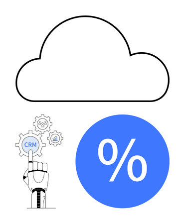 Cloud icon, robotic hand pointing to gear, and percentage symbol for automation and efficiency. Abstract line illustration representing technology and business efficiencyのイラスト素材