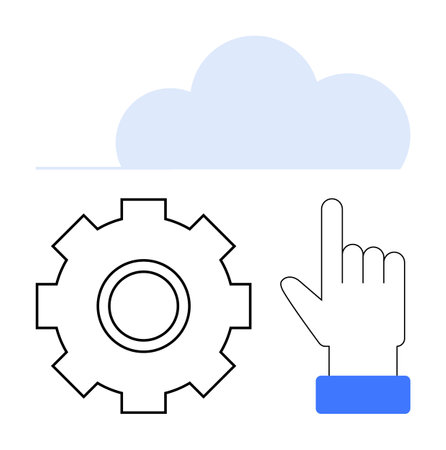 Cloud above, gear symbolizing system settings, and pointing hand represent cloud-based technology, user controlのイラスト素材