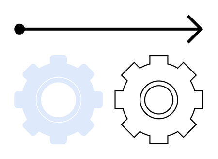 Black rightward arrow above two gears representing workflow, optimization, and progress. Ideal for business, planning, teamwork, strategy, growth technology efficiency concepts. Abstract line flatのイラスト素材