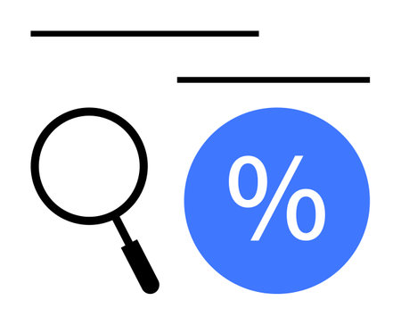 Magnifying glass, percentage sign within a blue circle, and lines indicating analysis and research. Ideal for finance, data analysis, discounts, research themes, mathematical concepts, businessのイラスト素材