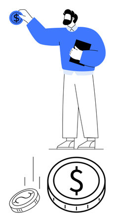 Figure in blue holding coin and book with falling coins below, emphasizing monetary goals, budgeting, growth, and wealth. Ideal for finance, savings, investment advice, economy success business abstractのイラスト素材