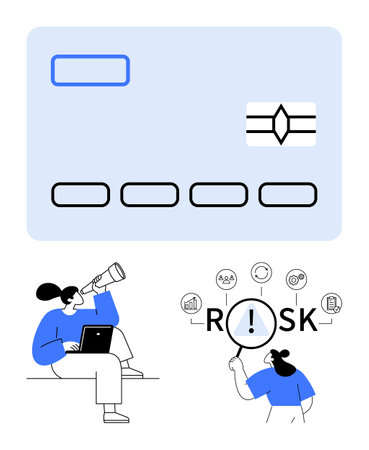 Blue payment card illustration with figures analyzing risk using telescope and magnifying glass, surrounded by related icons. Ideal for finance, risk management, data analysis, business strategy, technology, decision-makingのイラスト素材