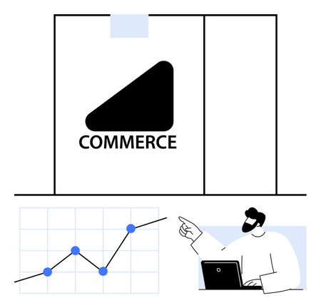 Line graph with data points and a figure working at a laptop pointing to trends. Ideal for business strategy, marketing, analytics, growth planning, presentations, abstract lineのイラスト素材