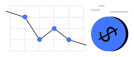 Blue line graph with declining trend and five data points near stylized dollar icon. Ideal for financial analysis, economic trends, business performance, revenue decreaseのイラスト素材
