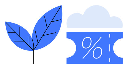 Blue leaf with branching veins next to a percentage symbol under a cloud. Ideal for sustainability, eco-friendly themes, nature concepts, environmental conservationのイラスト素材