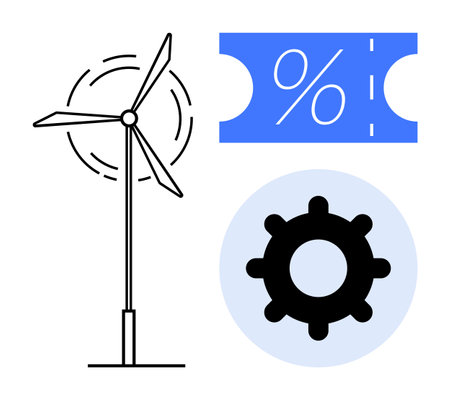 Wind turbine generating clean energy, blue discount ticket with percentage symbol, black cogwheel on blue circle. Ideal for renewable energy, discounts, economy, efficiency, mechanics, innovationのイラスト素材