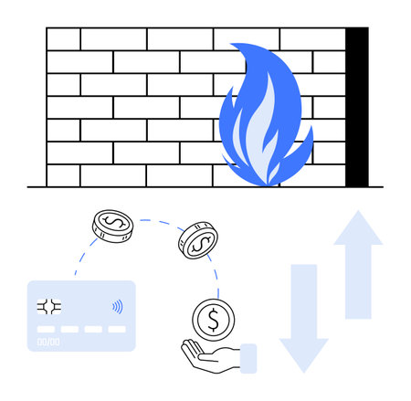 Firewall protecting a network, symbolized by brick wall and blue flame. Hand, coins, card represent secure digital transaction. Ideal for cybersecurity, online banking, data protection, fraudのイラスト素材