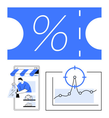 Discount coupon, online shopping on mobile app, and analytics chart with target icon. Ideal for e-commerce, marketing strategies, sales growth, customer insights, retail discounts, business goalsのイラスト素材