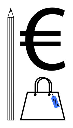 Pencil, Euro symbol, shopping bag with discount tag. Ideal for economics, finance, shopping, budgeting retail sales commerce. Simple and clear lines with minimalistic style. Conceptualのイラスト素材