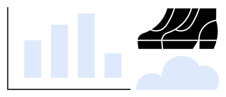 Bar graph with increasing blue bars, stylized black arrows pointing up, and a light blue cloud shape. Ideal for business success, performance growth, cloud computing, data analytics, technologyのイラスト素材