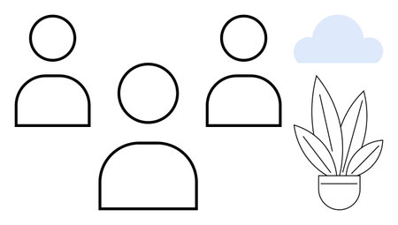 Minimalist line art showing abstract figures, cloud, and potted plant. Ideal for team collaboration,...