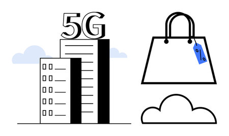 5G-enabled buildings enhancing connectivity, shopping bag with price tag. Ideal for technology, commerce, connectivity, digital transformation, smart cities, innovation retail. Abstract line flatのイラスト素材