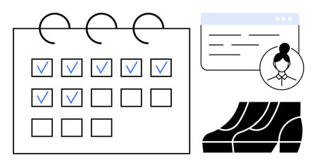Calendar with checked dates, profile icon, form interface, and checklist. Ideal for project management, organization, time management, personal planning, productivity workflow optimization abstractのイラスト素材