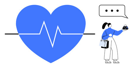 Figure holding shopping bags, checking wristwatch next to a large blue heart with an ECG line and speech bubble. Ideal for health, communication, fitness, lifestyle, shopping, balance, well-beingのイラスト素材