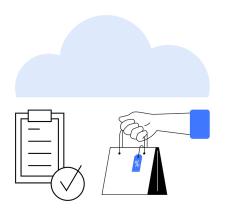 Blue cloud above a checklist, a hand holding a shopping bag with a discount tag. Ideal for e-commerce, cloud storage, digital shopping, online deals, retail sales, modern business, abstract line flatのイラスト素材