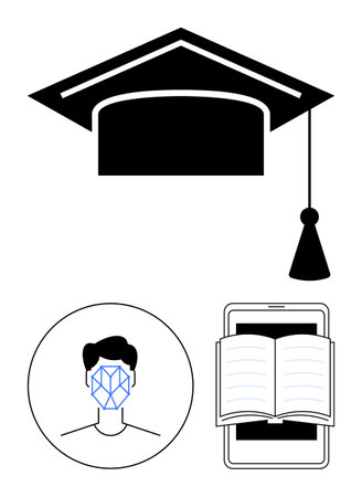 Black graduation cap, geometric pattern in circular icon, open digital book displayed on a smartphone. Ideal for education, e-learning, technology, online courses, AI abstract lineのイラスト素材