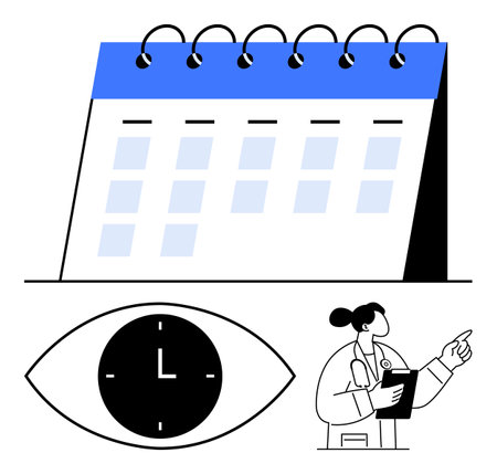 Calendar with blue header, clock inside an eye, healthcare professional pointing while holding papers. Ideal for scheduling, time management, medical appointments, planning, organization, healthcare abstractのイラスト素材