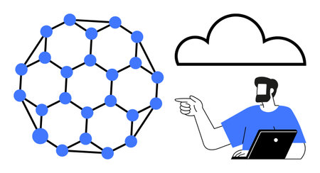 A figure points at a cloud symbol and a molecular structure while using a laptop. Ideal for cloud...