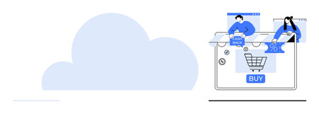 Illustration showing online shopping interface with a shopping cart icon and buy button on a laptop...