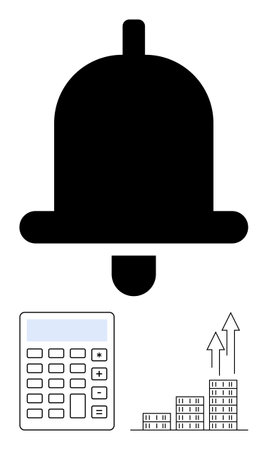 Notification bell above a calculator and ascending bar chart. Ideal for financial alerts, economic growth, budgeting, analysis, investment planning, reminders, abstract line flatのイラスト素材