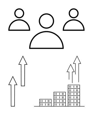 Three outlined figures with upward arrows and bar graphs of buildings symbolize teamwork, success, progress, and growth. Ideal for business, leadership, strategy, innovation, organizationのイラスト素材